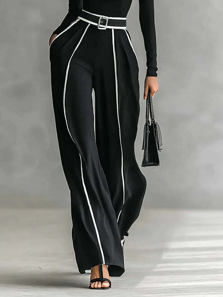 Long Sleeve High Neck Top Set with White Trim, Wide Leg Pants and Belt