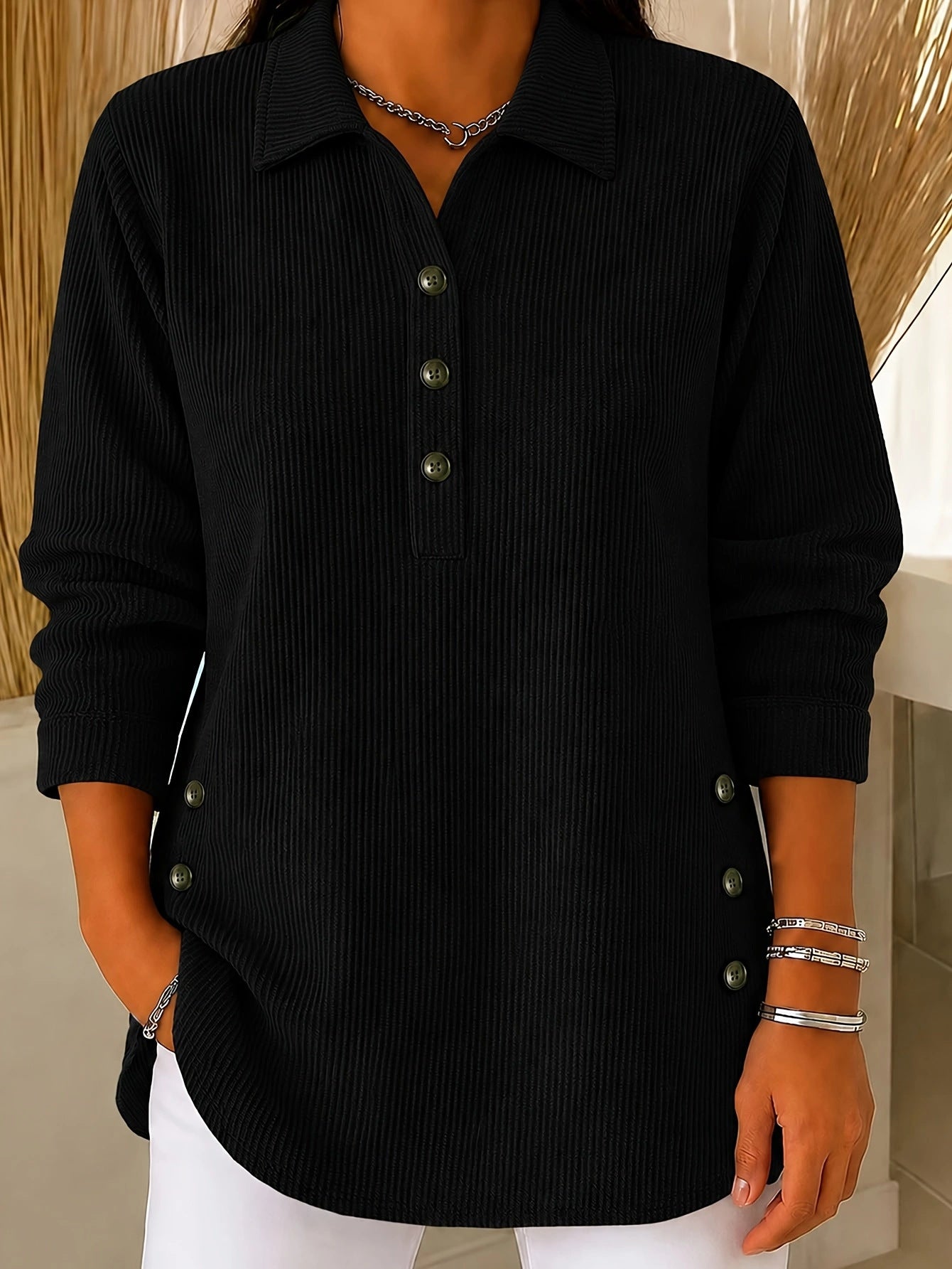 Asymmetric Hem Loose Casual Top – Women's Long-Sleeve Ribbed Sweatshirt
