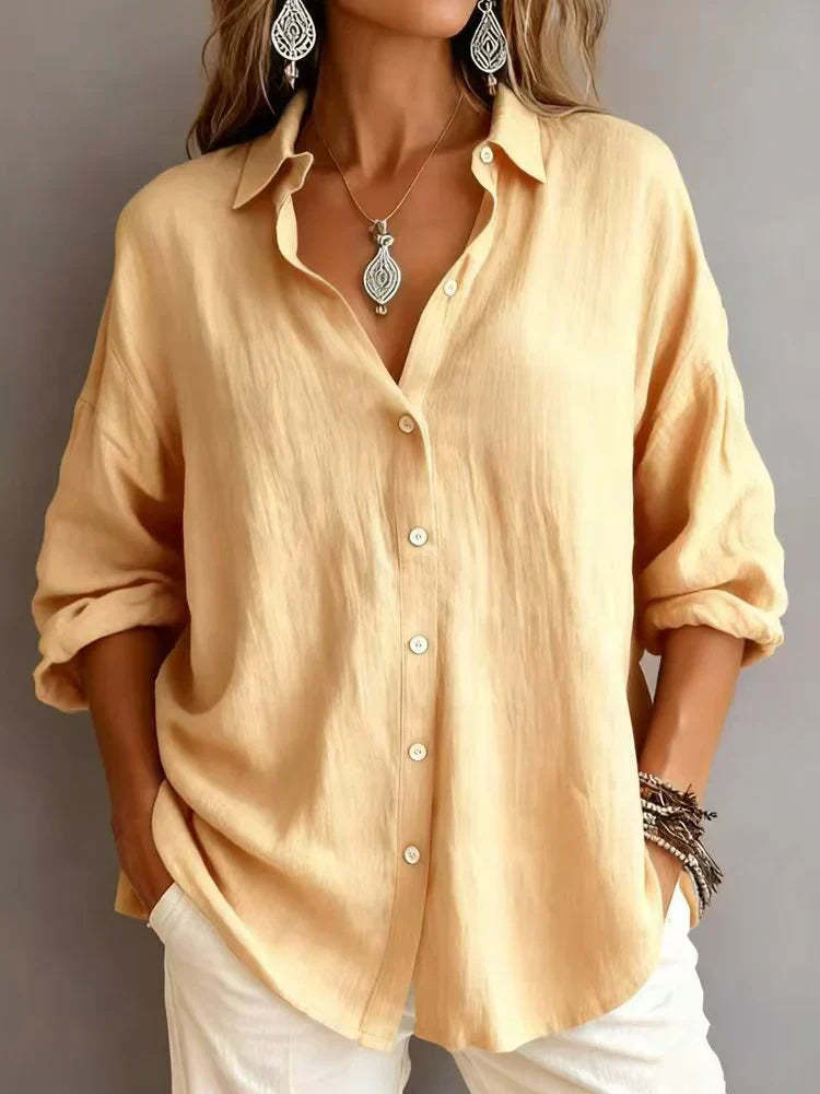 Plain Pattern Long Sleeve Cotton And Linen Polo Shirt