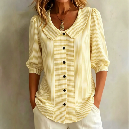 Women’s Peter Pan Collar Striped Button-Up Blouse with Puff Sleeves