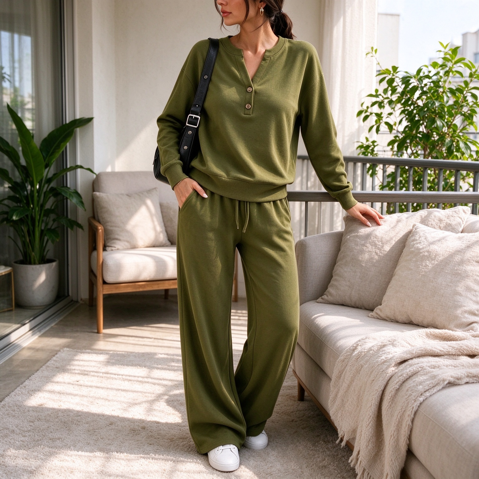 【FINAL DAY 50% OFF】Women’s Elegant Henley Two-Piece Set – Soft Relaxed Top & Wide-Leg Pants