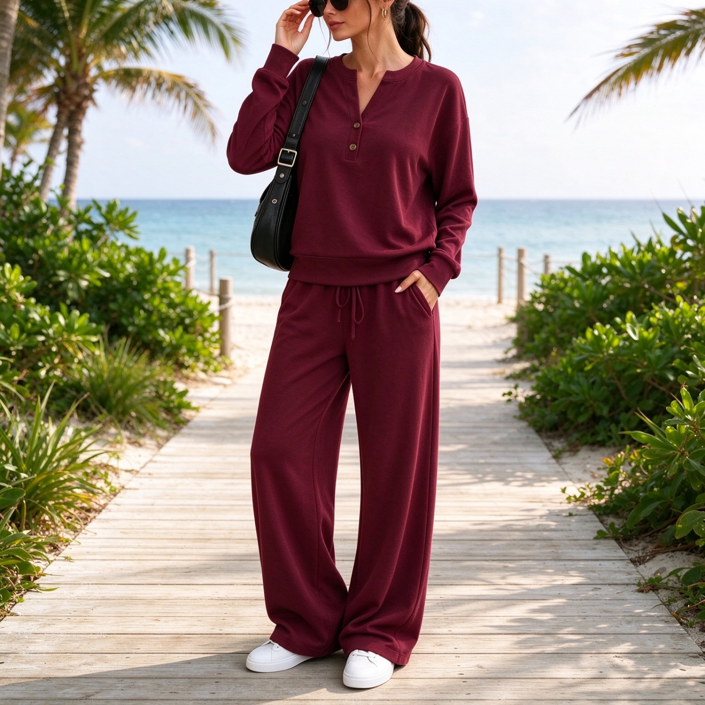 【FINAL DAY 50% OFF】Women’s Elegant Henley Two-Piece Set – Soft Relaxed Top & Wide-Leg Pants