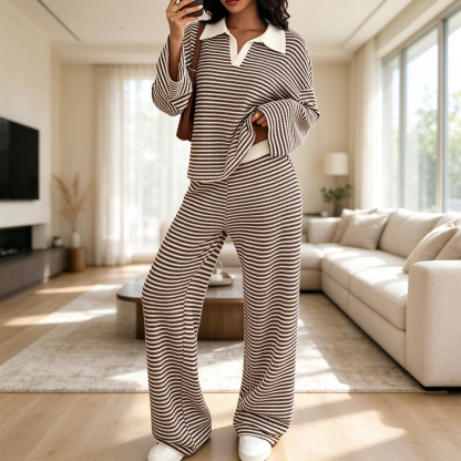 Striped Long Sleeve Polo and Wide-Leg Pants Set