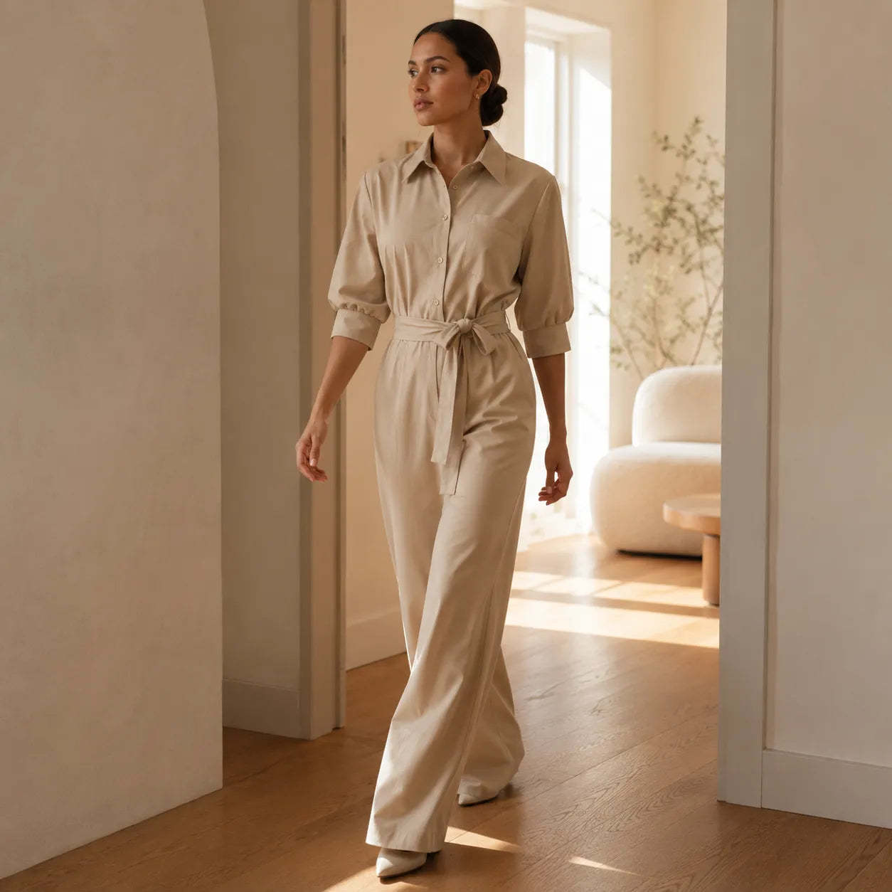 Solene – Belted Wide-Leg Shirt Jumpsuit with Tie Waist