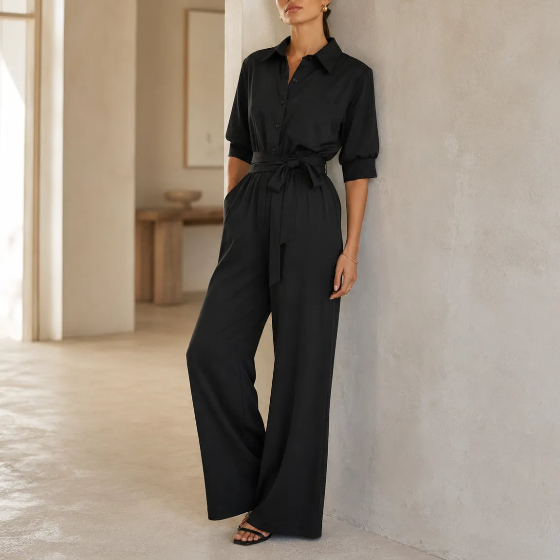 Solene – Belted Wide-Leg Shirt Jumpsuit with Tie Waist