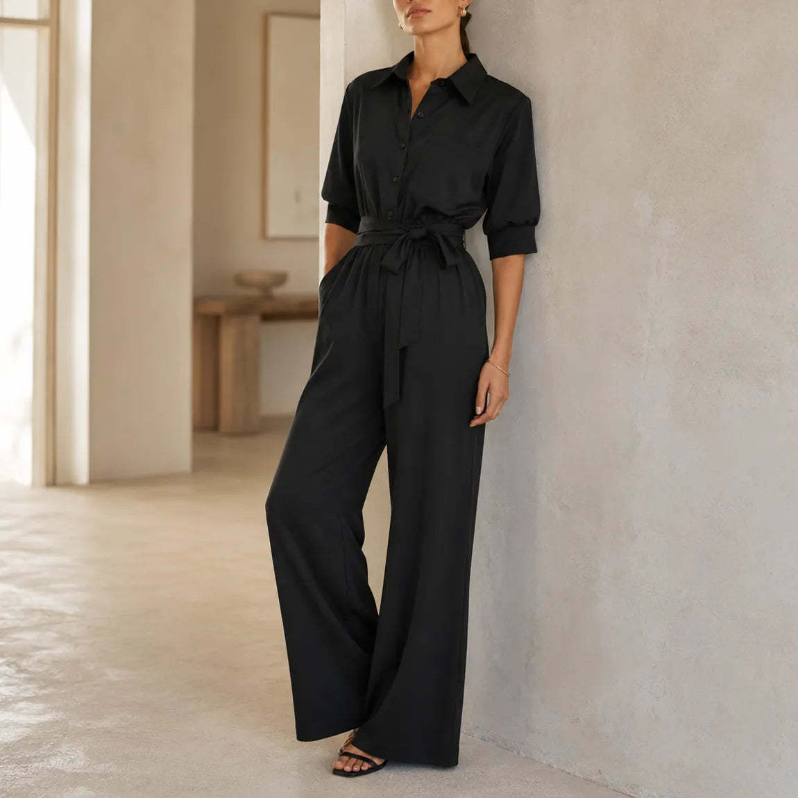 Solene – Belted Wide-Leg Shirt Jumpsuit with Tie Waist