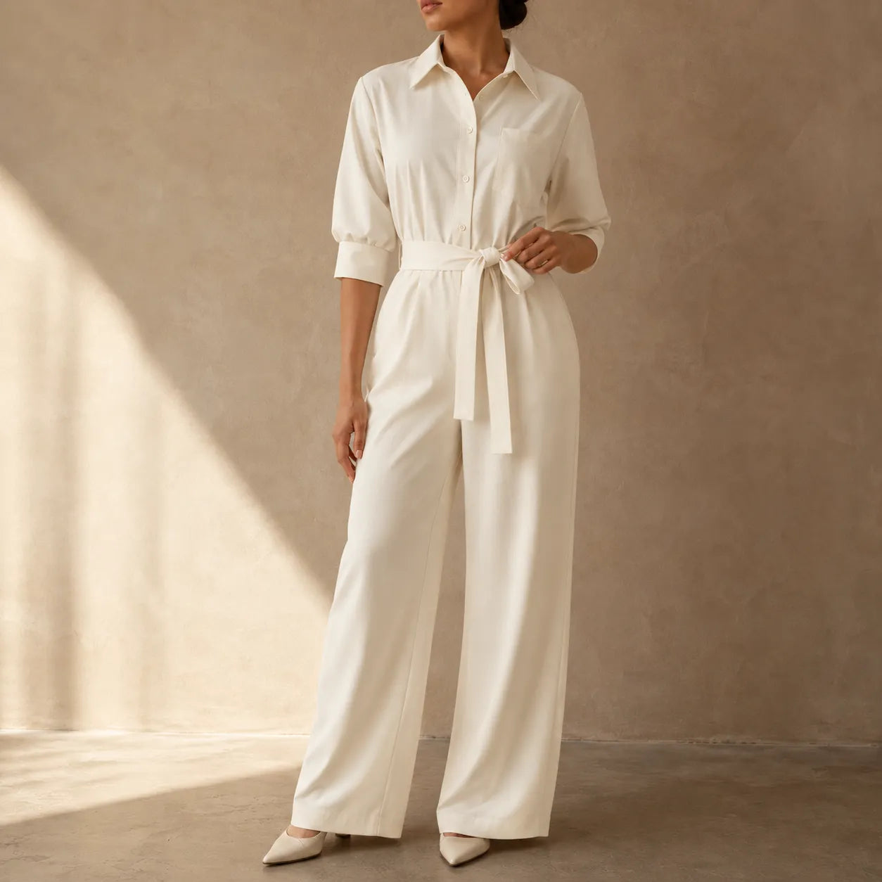 Solene – Belted Wide-Leg Shirt Jumpsuit with Tie Waist
