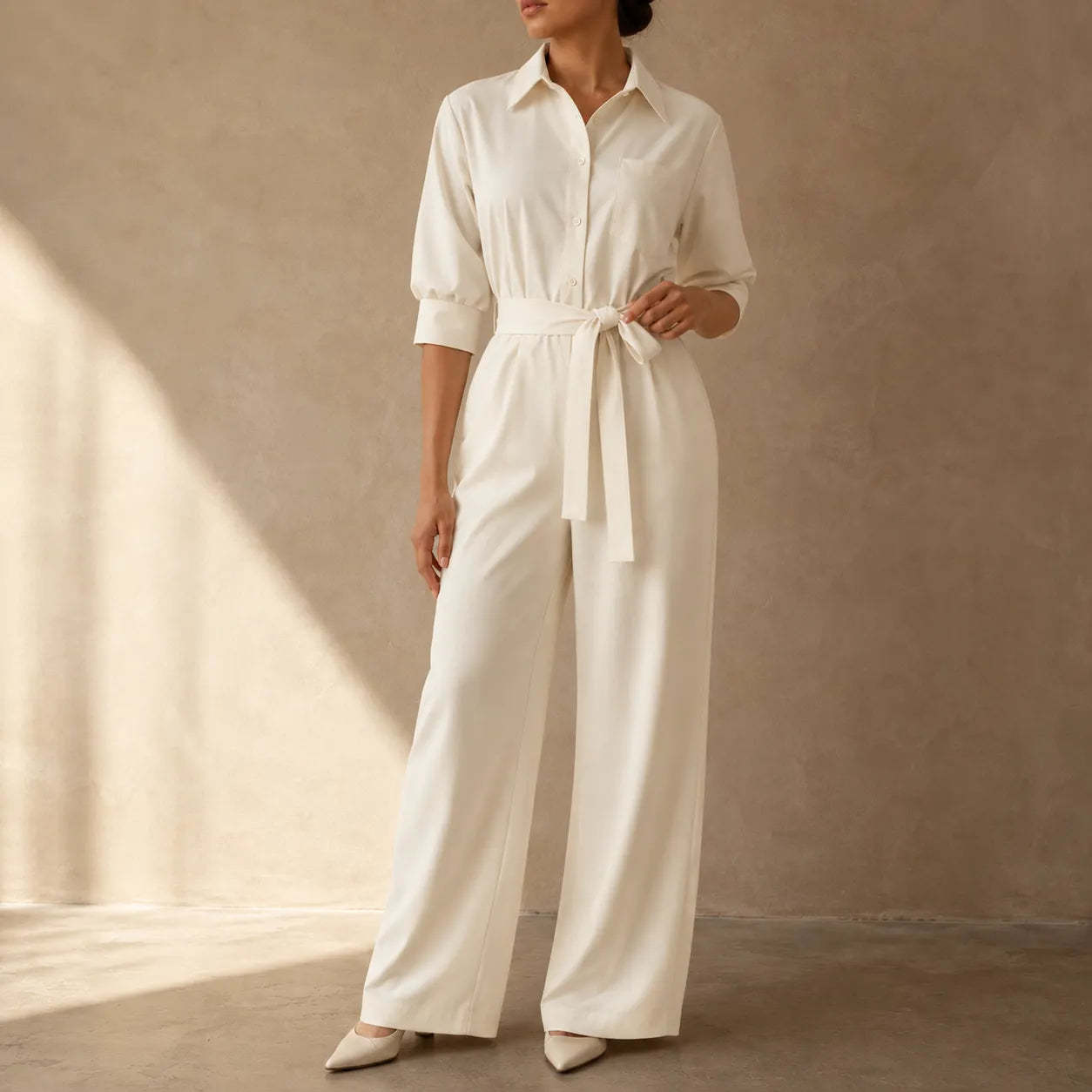 Solene – Belted Wide-Leg Shirt Jumpsuit with Tie Waist