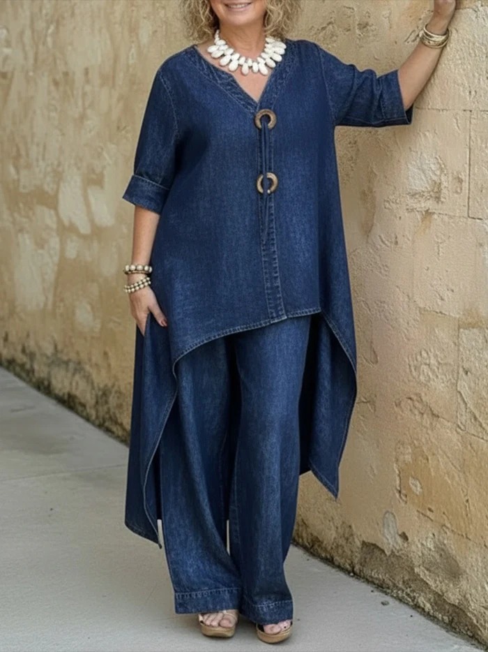 Plus Size Daily Casual Blue V Neck Half Sleeve Asymmetric Hem Wide Leg Tencel Denim Two Piece Pant Sets