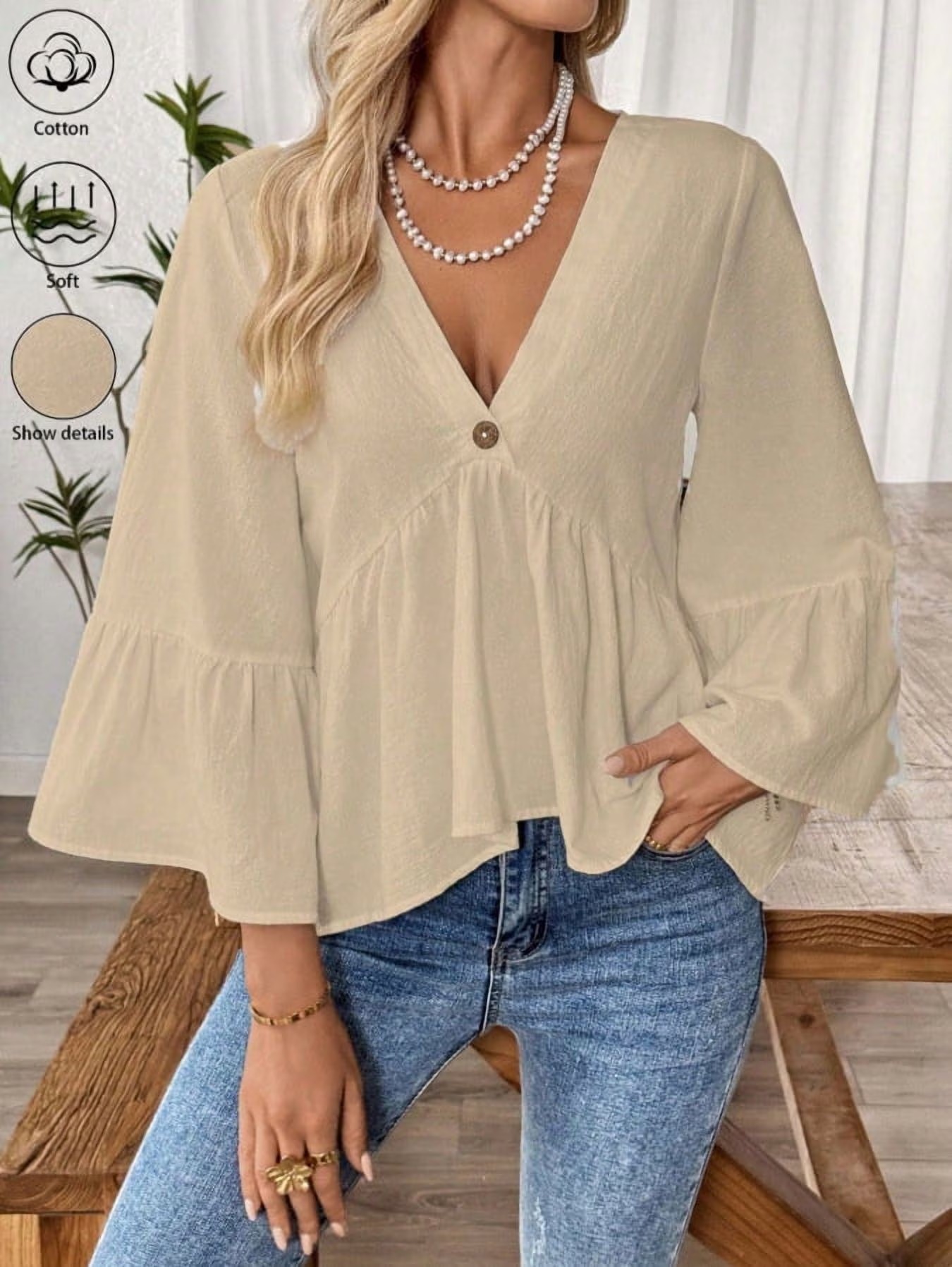 New Women's Cotton V Neck Single Button Flare Long Sleeve Peplum Blouse