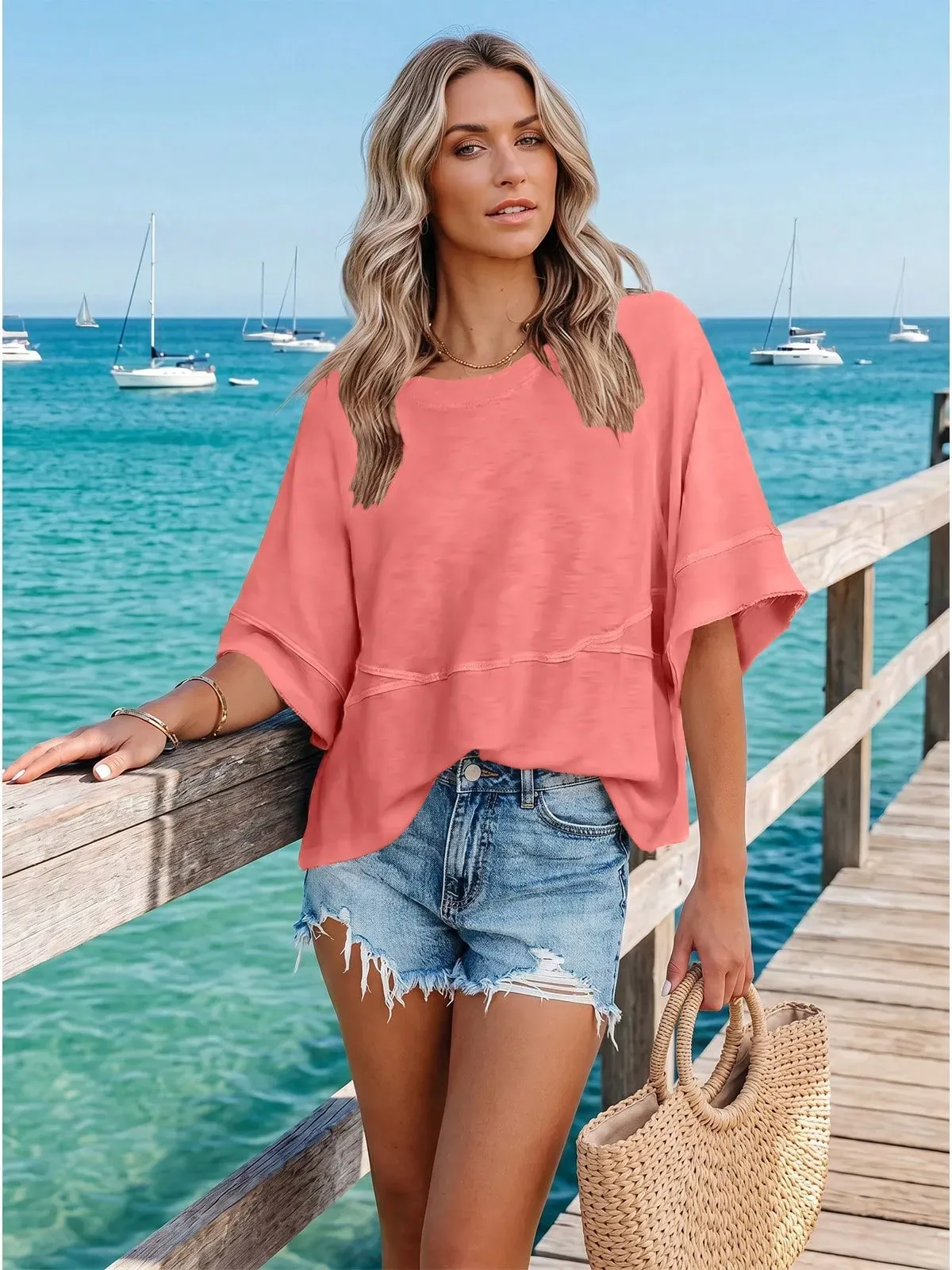 Panel Solid Color Flared Sleeve T-Shirt