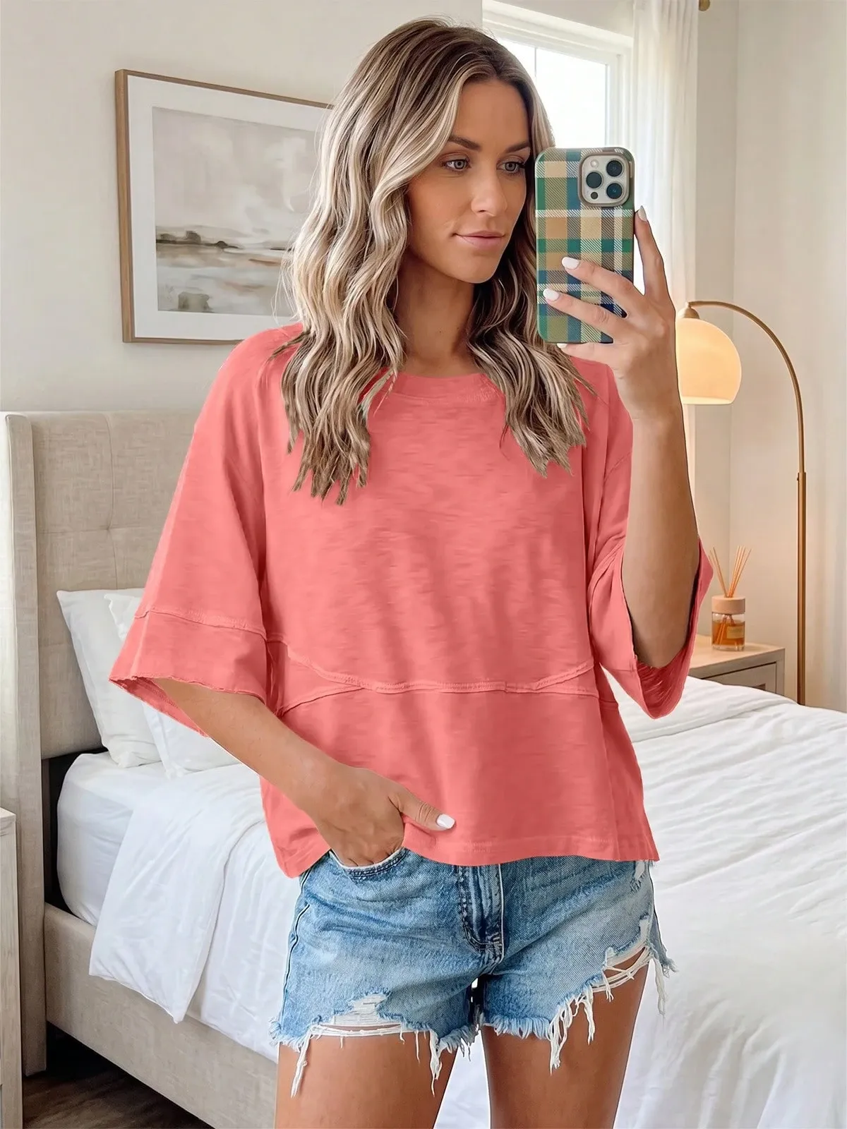 Panel Solid Color Flared Sleeve T-Shirt