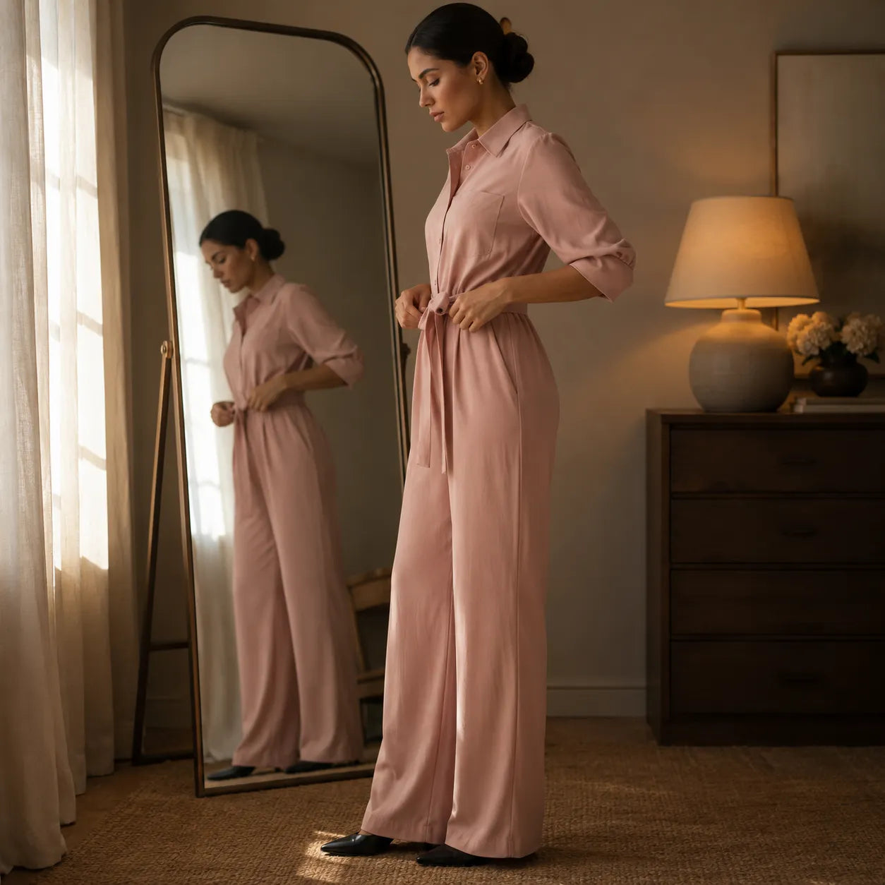 Solene – Belted Wide-Leg Shirt Jumpsuit with Tie Waist