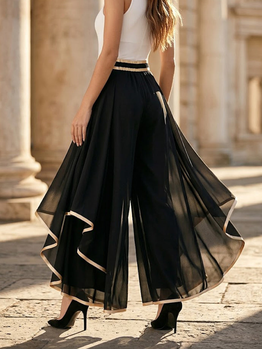 Stylish Gold-trimmed Flowy Chiffon Trousers