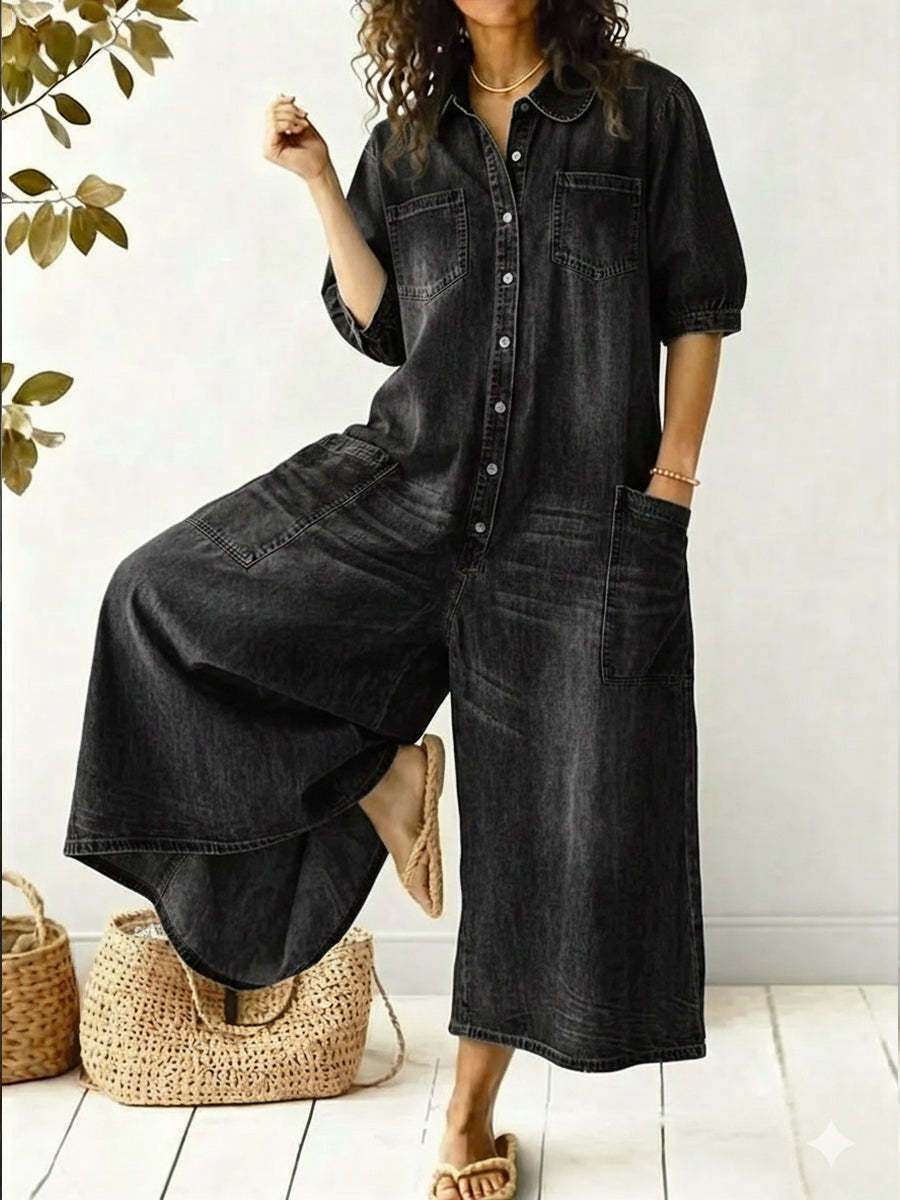 Women's Casual Peter Pan Collar Cotton Denim Wide-leg Jumpsuit