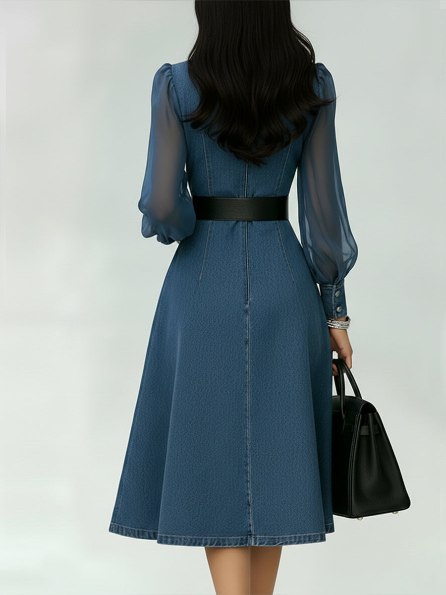 Stylish Denim Dress With Organza Sleeve Panels.
