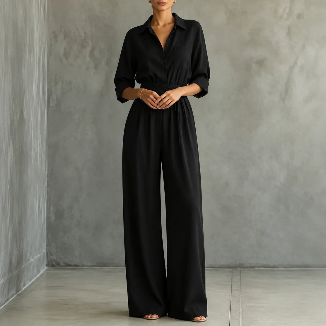 Solene – Belted Wide-Leg Shirt Jumpsuit with Tie Waist