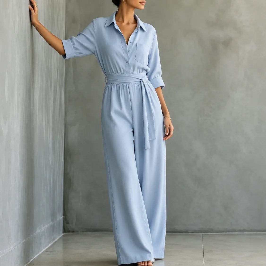 Solene – Belted Wide-Leg Shirt Jumpsuit with Tie Waist