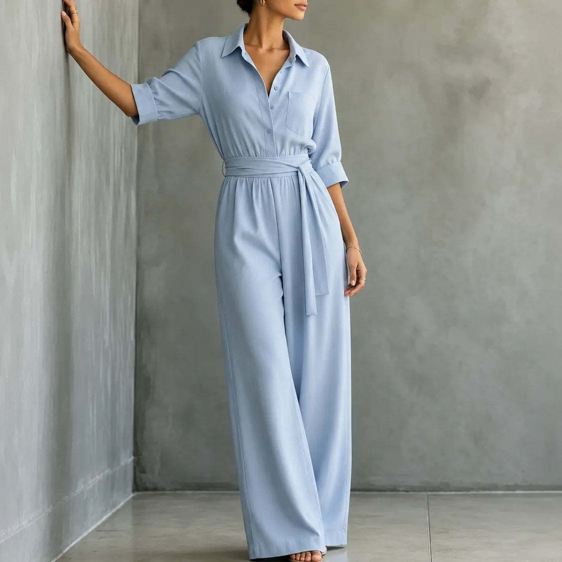 Solene – Belted Wide-Leg Shirt Jumpsuit with Tie Waist