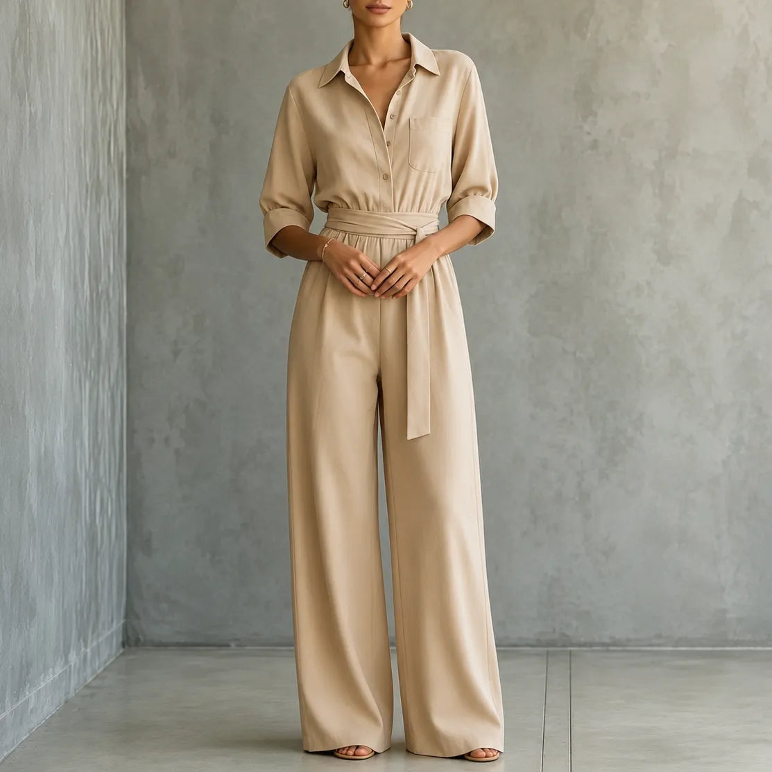 Solene – Belted Wide-Leg Shirt Jumpsuit with Tie Waist