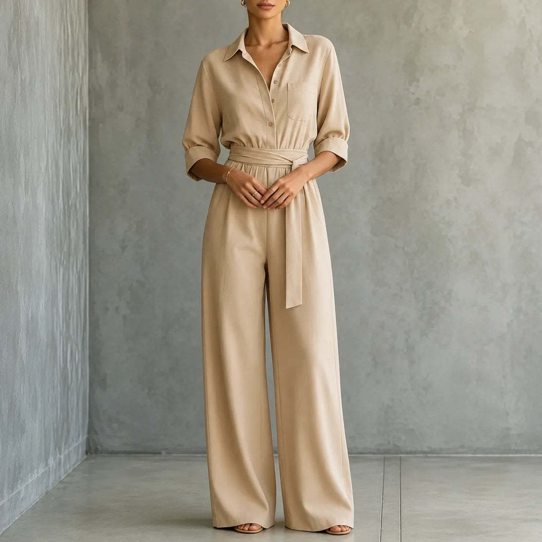Solene – Belted Wide-Leg Shirt Jumpsuit with Tie Waist