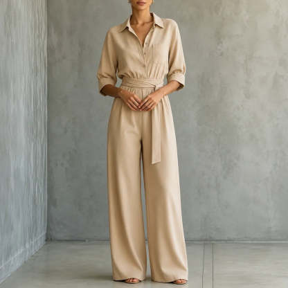 Solene – Belted Wide-Leg Shirt Jumpsuit with Tie Waist