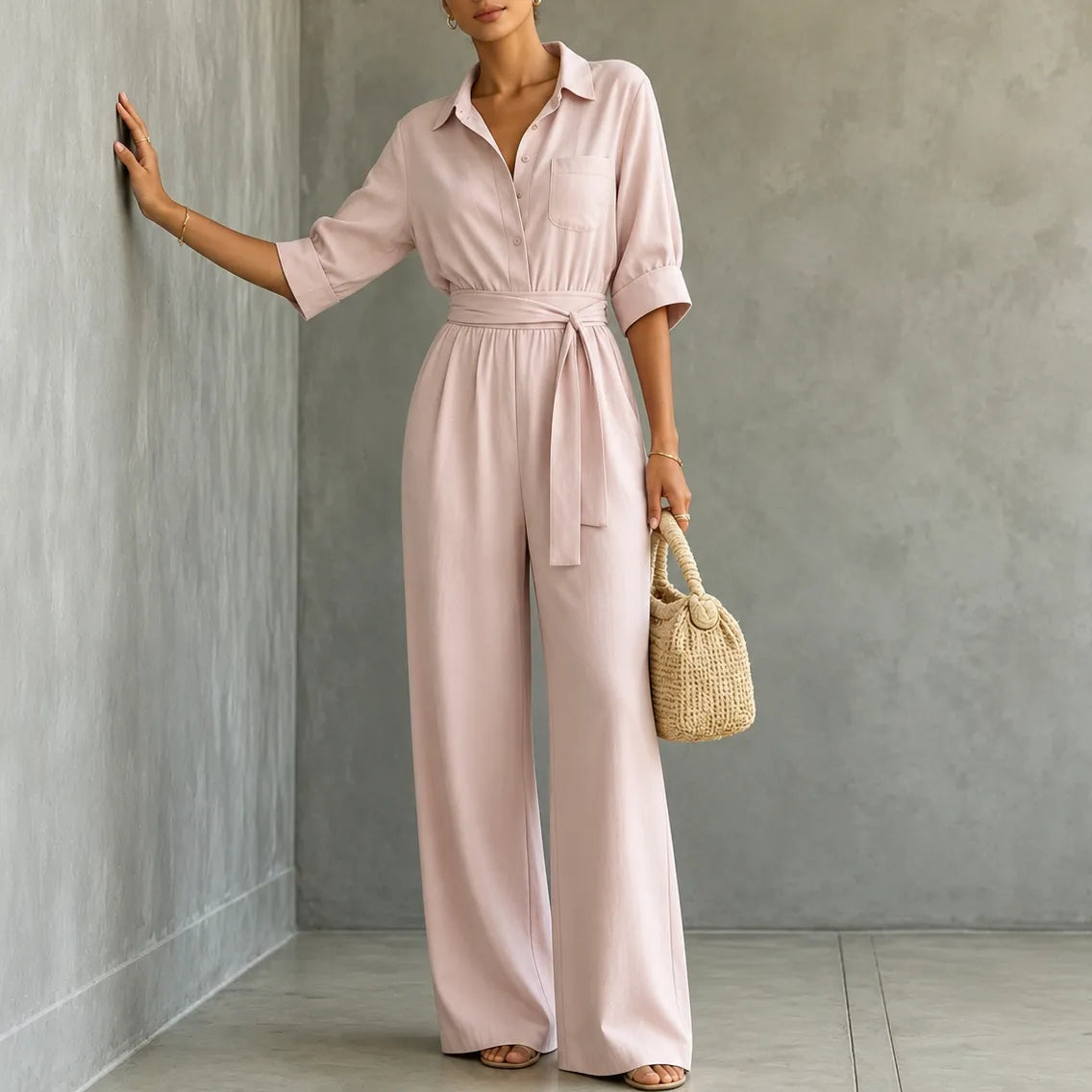 Solene – Belted Wide-Leg Shirt Jumpsuit with Tie Waist