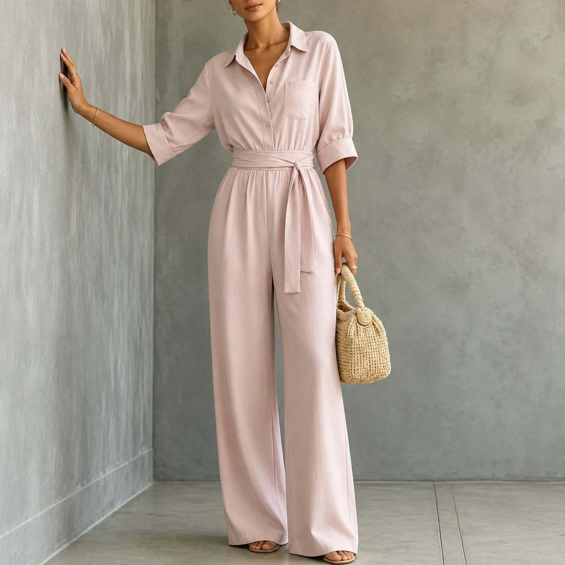 Solene – Belted Wide-Leg Shirt Jumpsuit with Tie Waist
