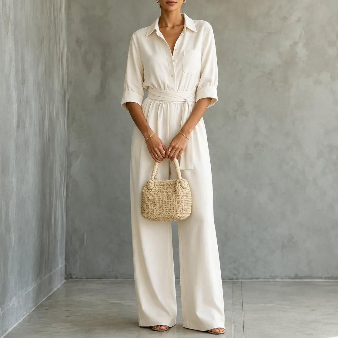 Solene – Belted Wide-Leg Shirt Jumpsuit with Tie Waist