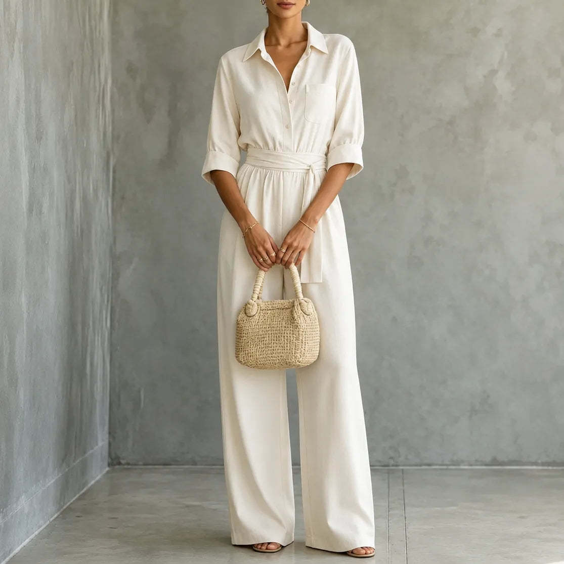Solene – Belted Wide-Leg Shirt Jumpsuit with Tie Waist