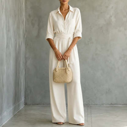 Solene – Belted Wide-Leg Shirt Jumpsuit with Tie Waist