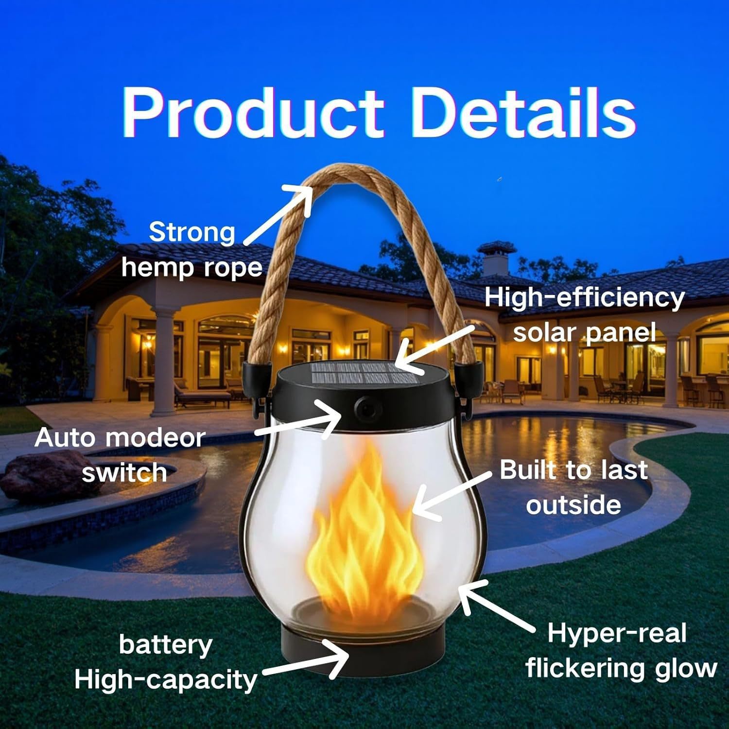 Second-generation transparent solar lantern outdoor light, dancing flame solar light, hemp rope hanging lamp🌟
