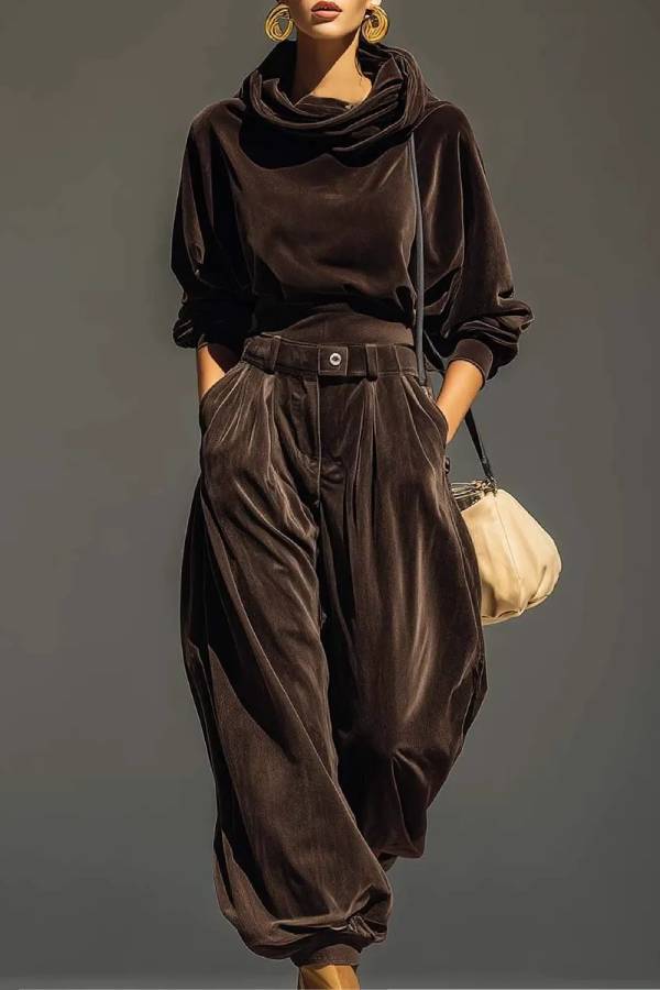 Velvet Mock Neck Top and Wide-Leg Pants Set