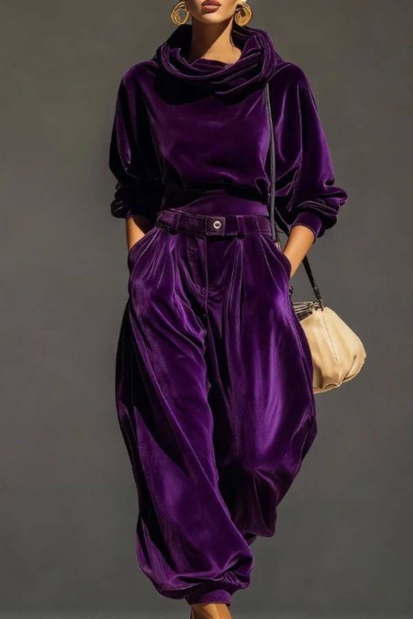 Velvet Mock Neck Top and Wide-Leg Pants Set