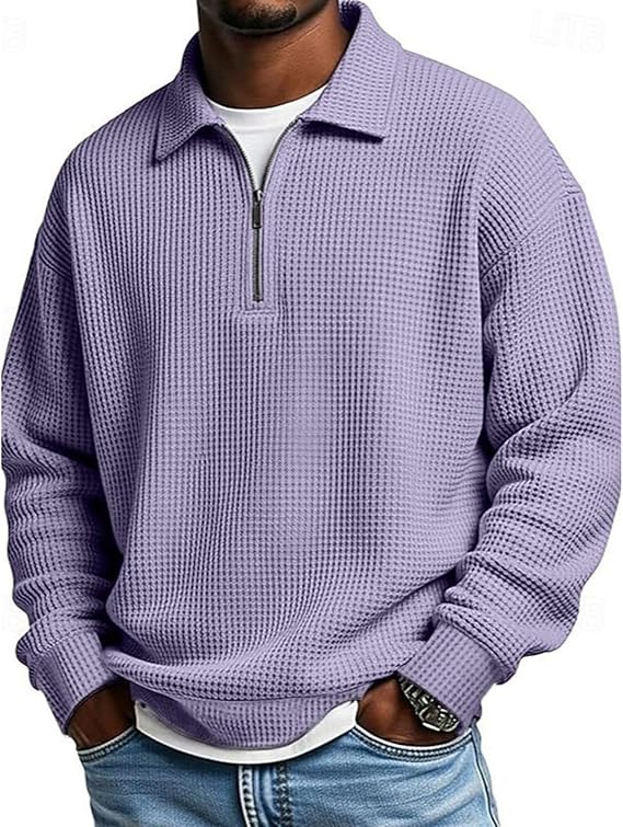 Men’s Slim Fit Waffle Polo Shirt – Long Sleeve Quarter-Zip Thermal Top for Everyday Comfort