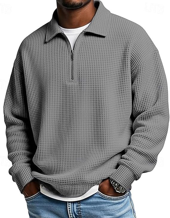 Men’s Slim Fit Waffle Polo Shirt – Long Sleeve Quarter-Zip Thermal Top for Everyday Comfort