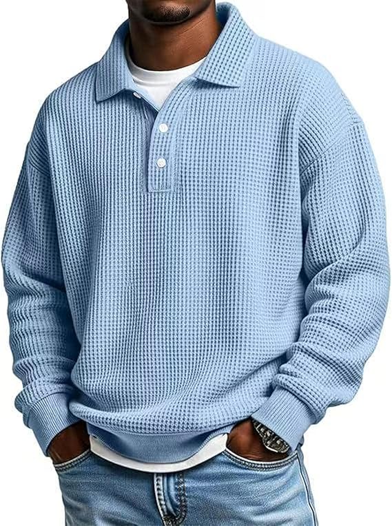 Men’s Waffle Polo Shirt – Long Sleeve Button Thermal Top for Everyday Comfort