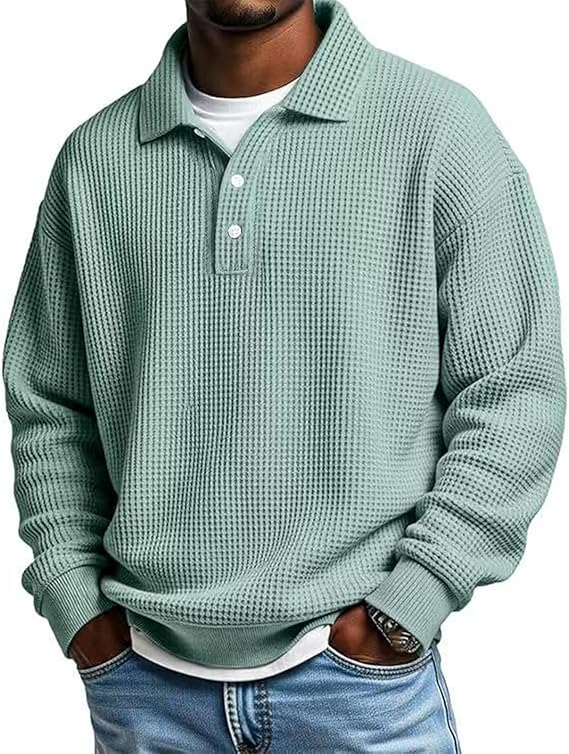 Men’s Waffle Polo Shirt – Long Sleeve Button Thermal Top for Everyday Comfort