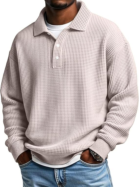 Men’s Waffle Polo Shirt – Long Sleeve Button Thermal Top for Everyday Comfort