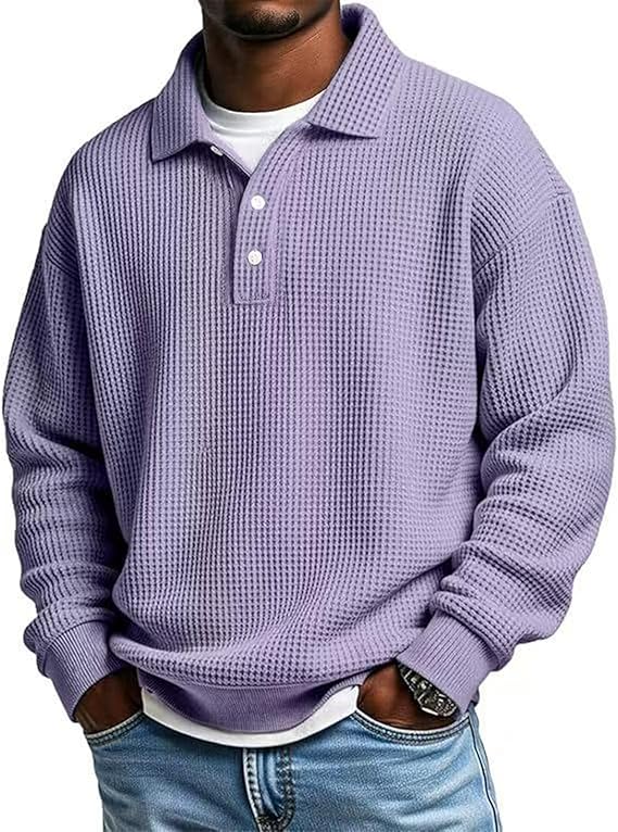 Men’s Waffle Polo Shirt – Long Sleeve Button Thermal Top for Everyday Comfort