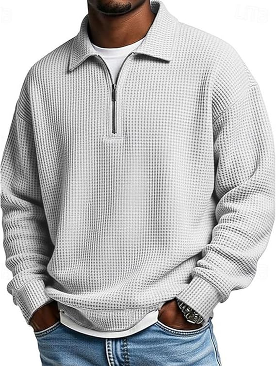 Men’s Slim Fit Waffle Polo Shirt – Long Sleeve Quarter-Zip Thermal Top for Everyday Comfort