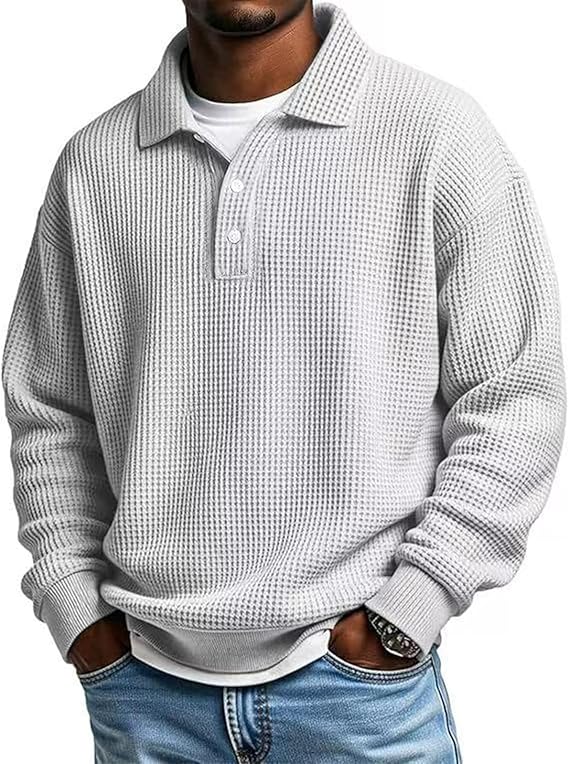 Men’s Waffle Polo Shirt – Long Sleeve Button Thermal Top for Everyday Comfort