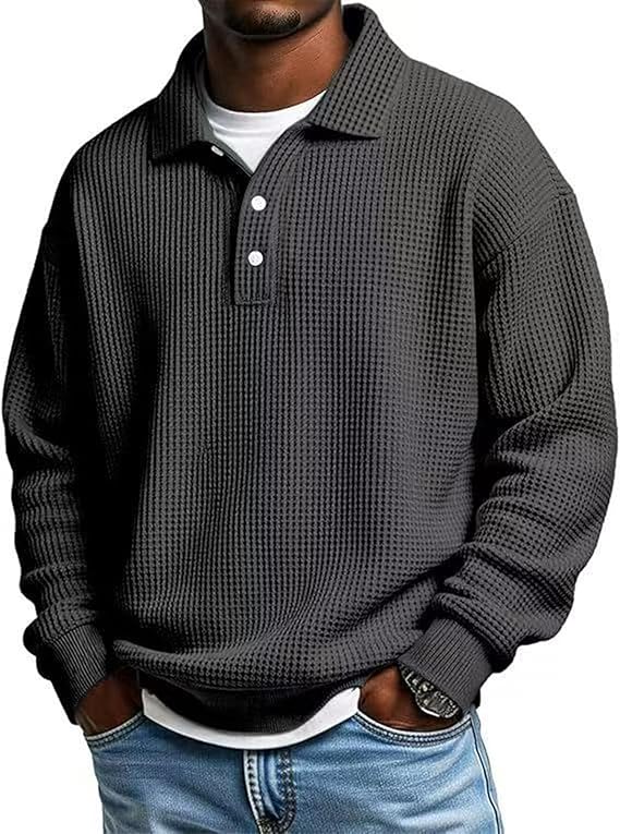 Men’s Waffle Polo Shirt – Long Sleeve Button Thermal Top for Everyday Comfort