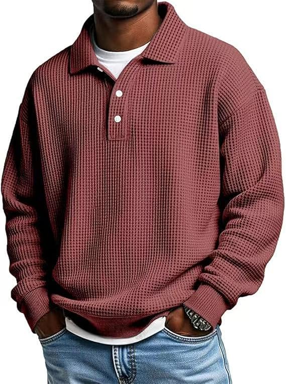 Men’s Waffle Polo Shirt – Long Sleeve Button Thermal Top for Everyday Comfort