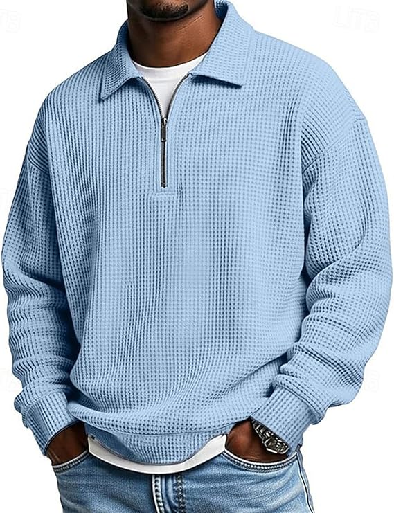 Men’s Slim Fit Waffle Polo Shirt – Long Sleeve Quarter-Zip Thermal Top for Everyday Comfort