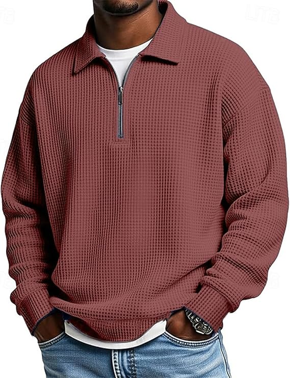Men’s Slim Fit Waffle Polo Shirt – Long Sleeve Quarter-Zip Thermal Top for Everyday Comfort