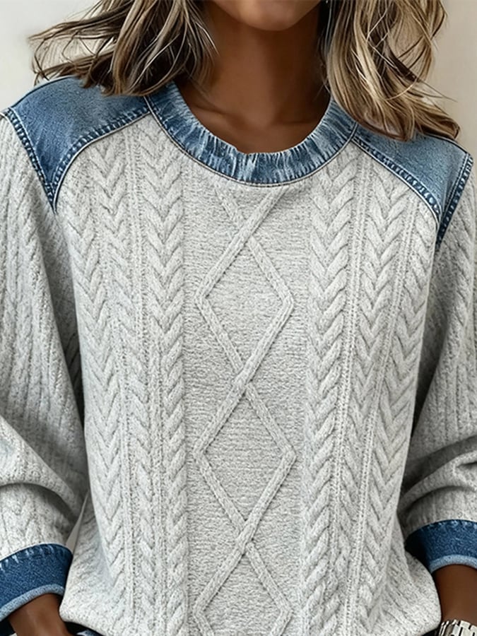Women's Casual Crew Neck Printed Patchwork Pullover Sweatshirt