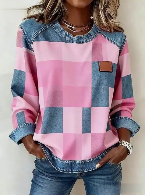 Women'S Casual Round Neck Denim Patchwork Pullover Sweatshirt