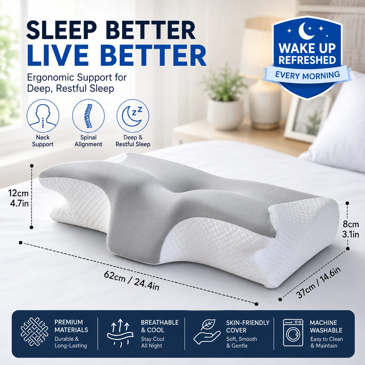 Memory Foam Cervical Pillow—Helping You Enjoy a Restful Night's Sleep. Features an odorless, ergonomically contoured memory foam design—an orthopedic sleep-aid pillow crafted specifically for side, back, and stomach sleepers.