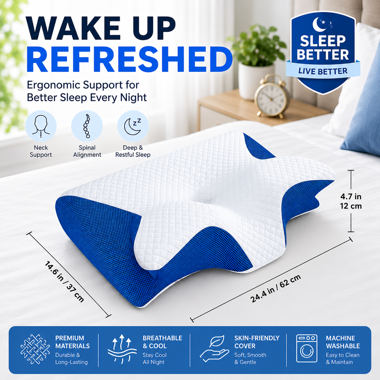 Memory Foam Cervical Pillow—Helping You Enjoy a Restful Night's Sleep. Features an odorless, ergonomically contoured memory foam design—an orthopedic sleep-aid pillow crafted specifically for side, back, and stomach sleepers.